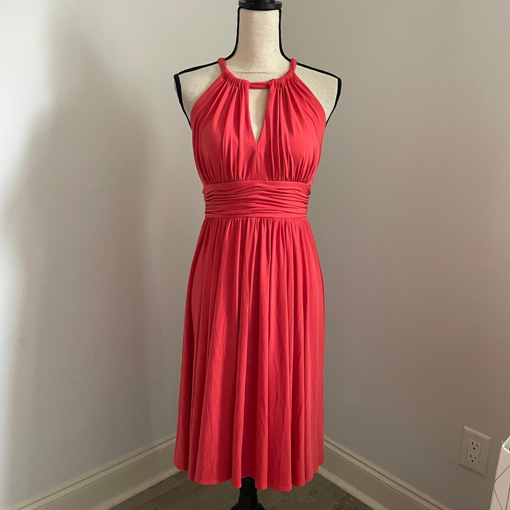 Suzy Chin Maggy Boutique Coral Halter‎ Keyhole Ruched Waist Midi Dress